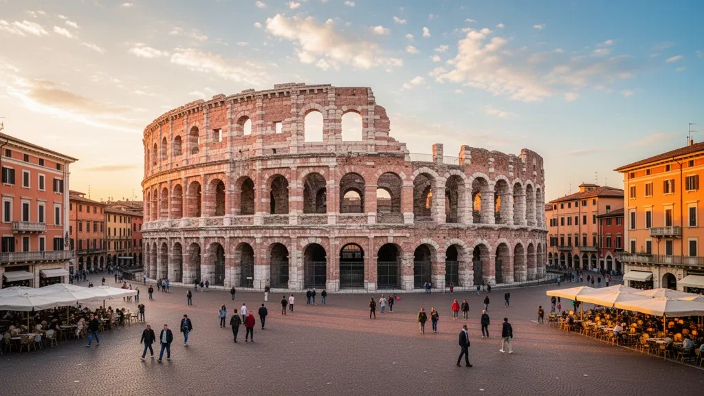 Vue à l'heure dorée de l'amphithéâtre romain Arena di Verona sur la Piazza Bra, à Vérone, en Italie, avec des bâtiments historiques et des personnes se promenant.