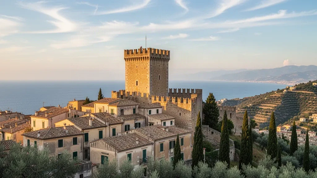 Hilltop Norman-Swabian castle in Vibo Valentia, Calabria, above terracotta rooftops with the Tyrrhenian Sea behind at golden hour