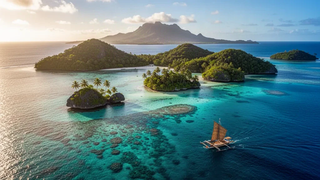 Luftaufnahme der Vava'u-Inseln in Tonga mit türkisfarbenem Lagunenwasser, Korallenriffen, palmbedeckten Inselchen und einem traditionellen Auslegerkanu zur goldenen Stunde