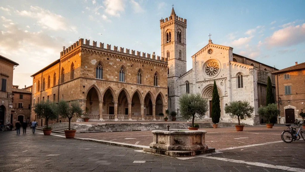 Blick zur goldenen Stunde auf den Palazzo dei Papi und die Kathedrale San Lorenzo über die mittelalterliche Piazza in Viterbo, Italien