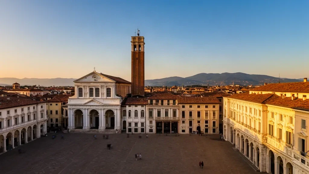Vista al atardecer de la Piazza dei Signori en Vicenza, Italia, con la Basílica Palladiana y la Torre Bissara elevándose sobre la plaza