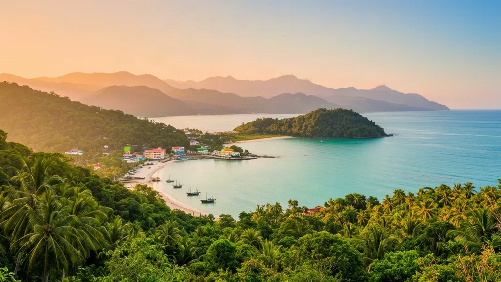 Port Antonio's twin harbours and Navy Island framed by lush Blue Mountains in Portland, Jamaica at golden hour