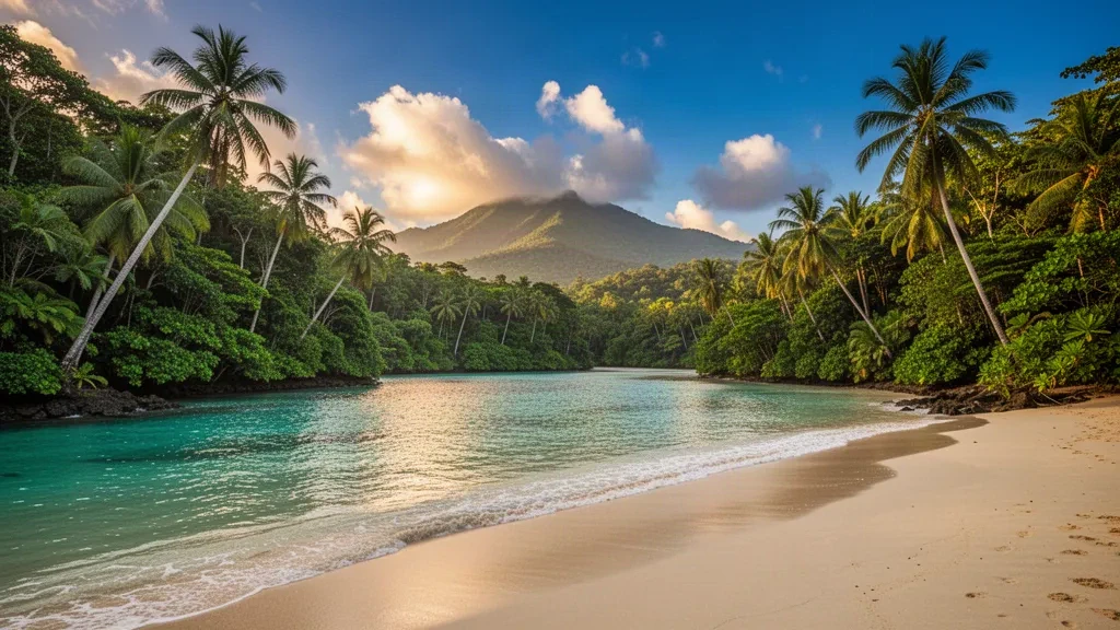 Cala turquesa en Frenchman's Cove, en la Parroquia de Portland, Jamaica, rodeada de palmeras de selva tropical con las Blue Mountains elevándose en la distancia