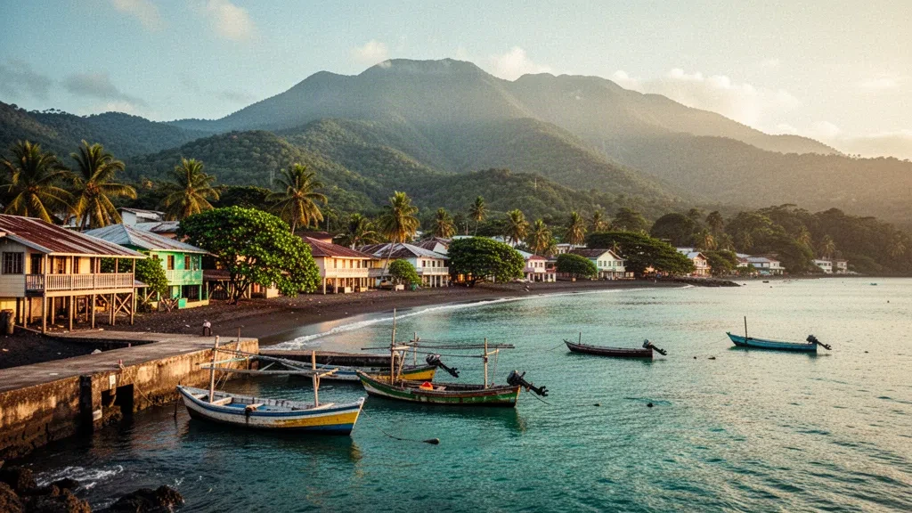 Barcos de pesca en el puerto de Port Maria, Parroquia de Saint Mary, Jamaica, con colinas verdes elevándose detrás de la costa caribeña