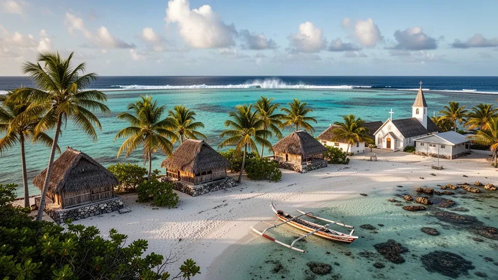 Fale tradizionale dal tetto di paglia e palme da cocco accanto a una laguna turchese su un remoto atollo corallino di Tokelau nel Pacifico meridionale