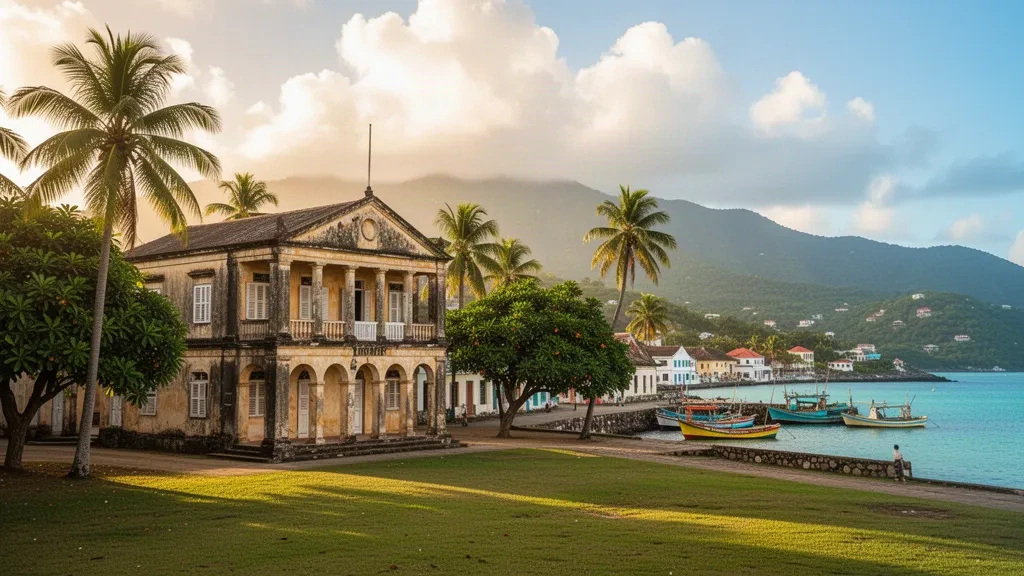 Front de mer de Morant Bay à Saint Thomas, Jamaïque, avec la place historique du palais de justice, des palmiers et des bateaux de pêche sous une lumière dorée d'après-midi