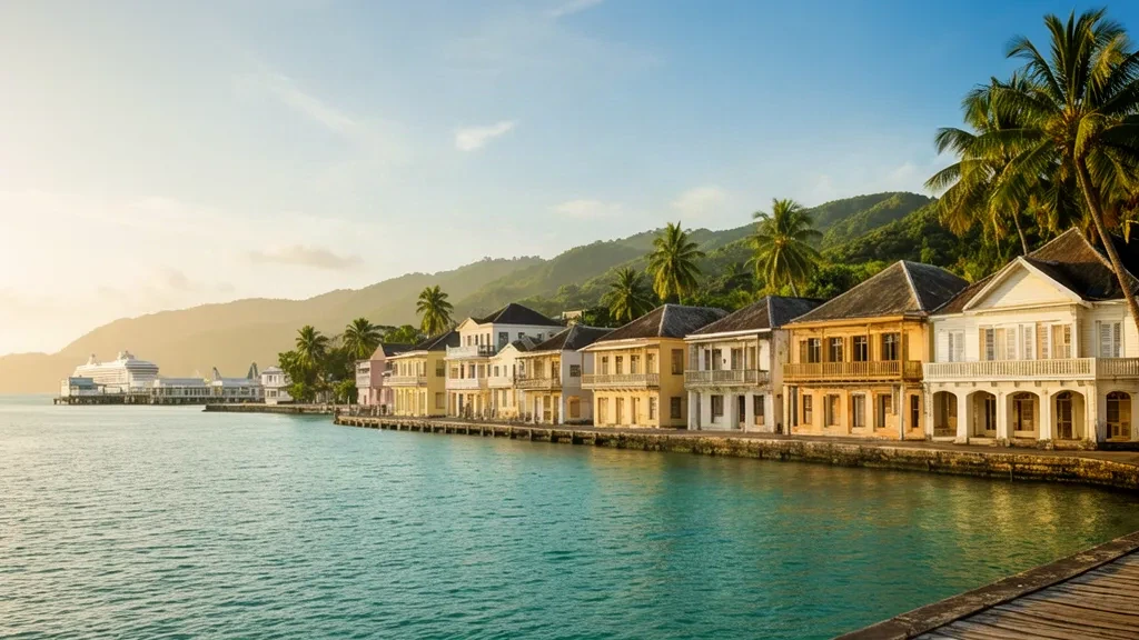Georgian waterfront buildings and turquoise Caribbean Sea in Falmouth, Trelawny, Jamaica, at golden hour