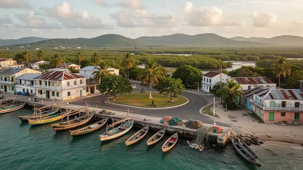 Vista durante la hora dorada de barcos pesqueros y la costa del Caribe en Savanna-la-Mar, parroquia de Westmoreland, Jamaica