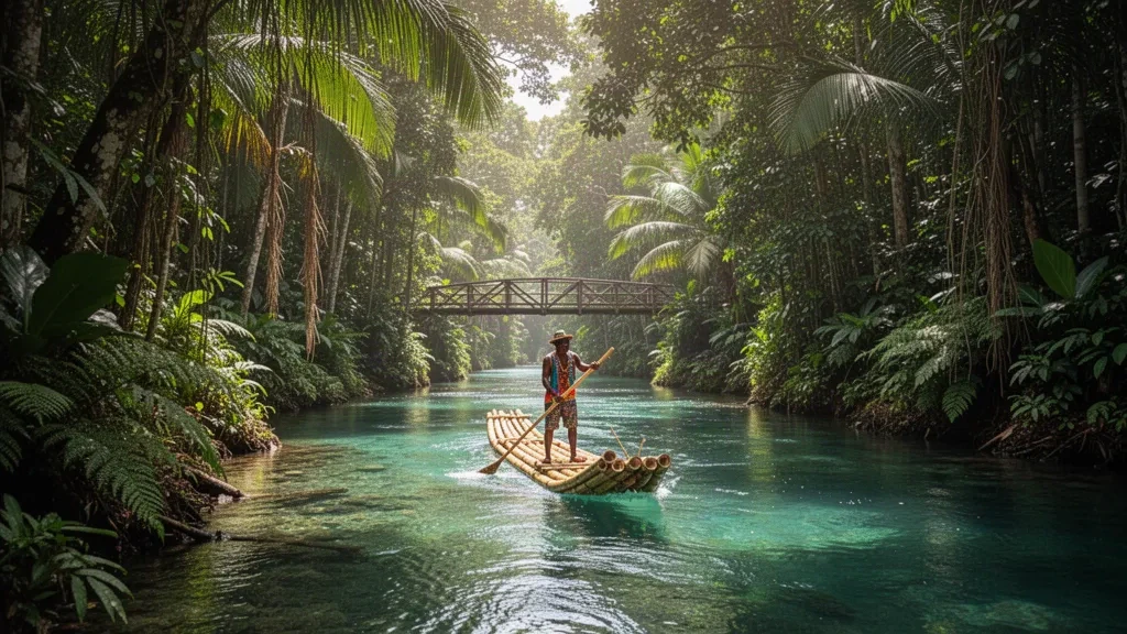 Ein Bambusfloß mit einem Guide, der auf dem Martha Brae River in Trelawny, Jamaika, unter Sonnenlicht durch üppigen tropischen Regenwald gleitet.