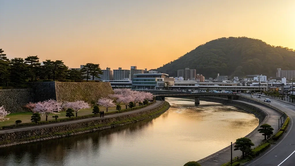 Golden-hour view of Fukui, Japan, with the Asuwa River, Fukui Castle ruins and Mount Asuwa framing the city skyline