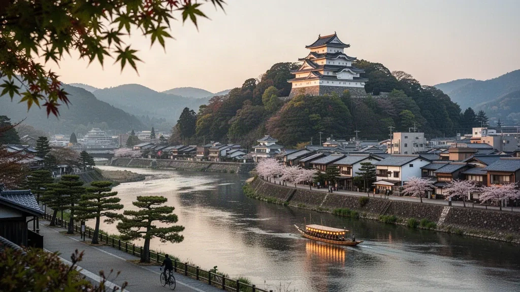 Nagara Nehri üzerindeki Kinka Dağı'nda Gifu Kalesi ve altın saatte Japonya'nın Gifu şehrinin silüeti