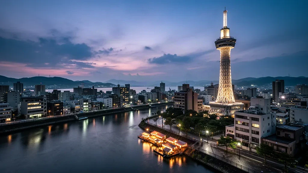 Horizonte de la ciudad de Fukuoka al atardecer con la iluminada Torre de Fukuoka sobre el río Nakagawa y el distrito de Nakasu, Japón