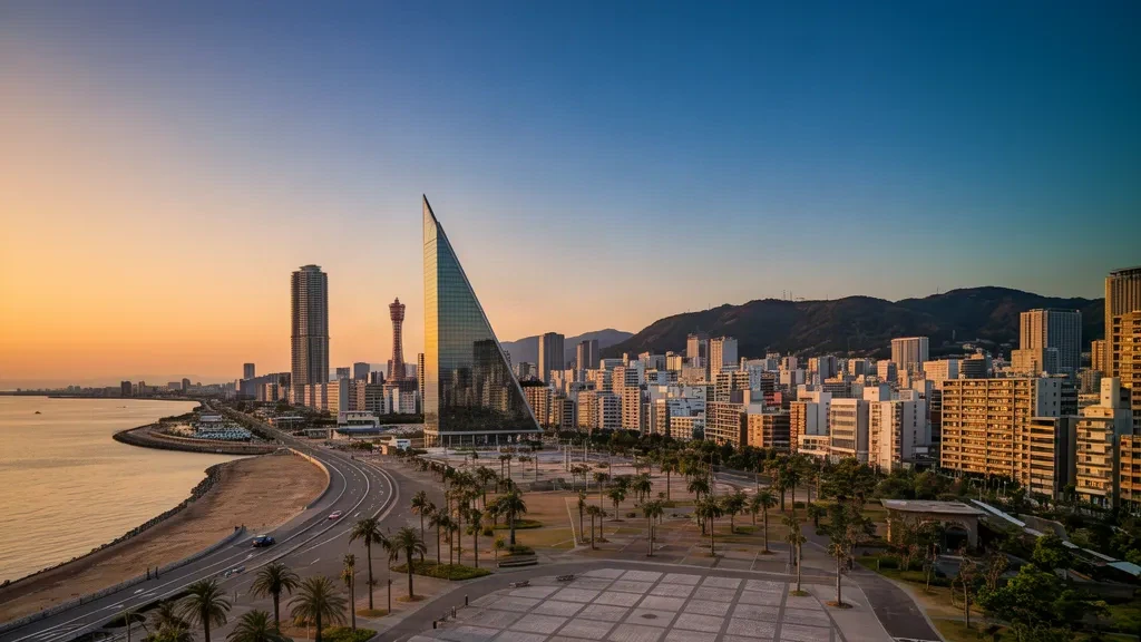 Panorama de Fukuoka à l'heure dorée avec la Fukuoka Tower au-dessus du front de mer de Momochi et du quartier moderne en bord d'eau de la ville