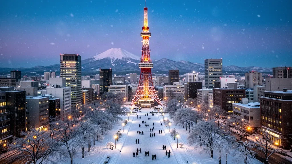 Japonya'nın Hokkaido kentinde karla kaplı Odori Parkı'nın üzerinde alacakaranlıkta aydınlatılan Sapporo TV Kulesi, arka planda kış şehir silüeti ve dağlar