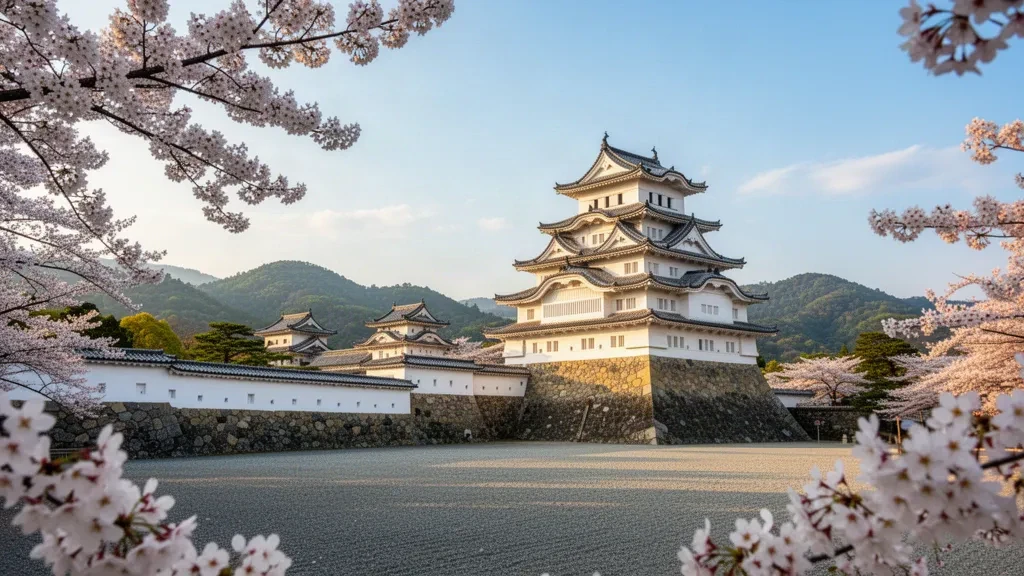 Der weiße, gestufte Burgturm von Himeji erhebt sich über Steinmauern und Kirschblüten im Frühling in Hyōgo, Japan