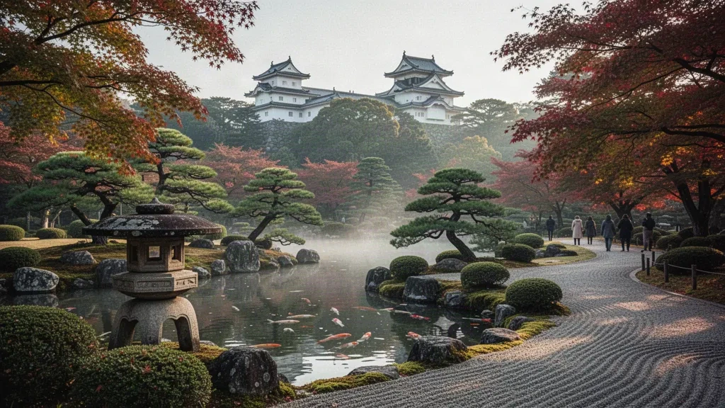 Kenroku-en-Garten in Kanazawa, Ishikawa, Japan, mit Steinhlaterne, Herbstbäumen und der Burg Kanazawa im sanften Morgenlicht
