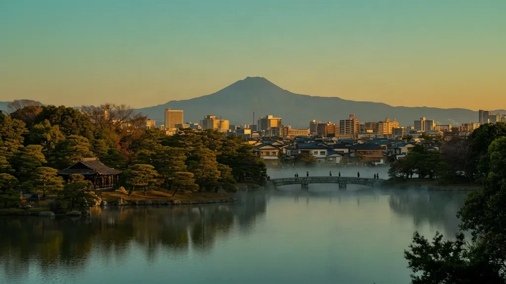 Weite Ansicht von Ibaraki, Japan, zur goldenen Stunde mit dem Kairakuen-Garten, dem Senba-See und der Skyline von Mito unter dem Tsukuba-Berg.