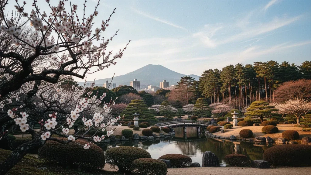 Alberi di prugno in fiore e uno stagno nel giardino di Kairakuen a Mito, Ibaraki, Giappone, con la città e le colline boschive sullo sfondo