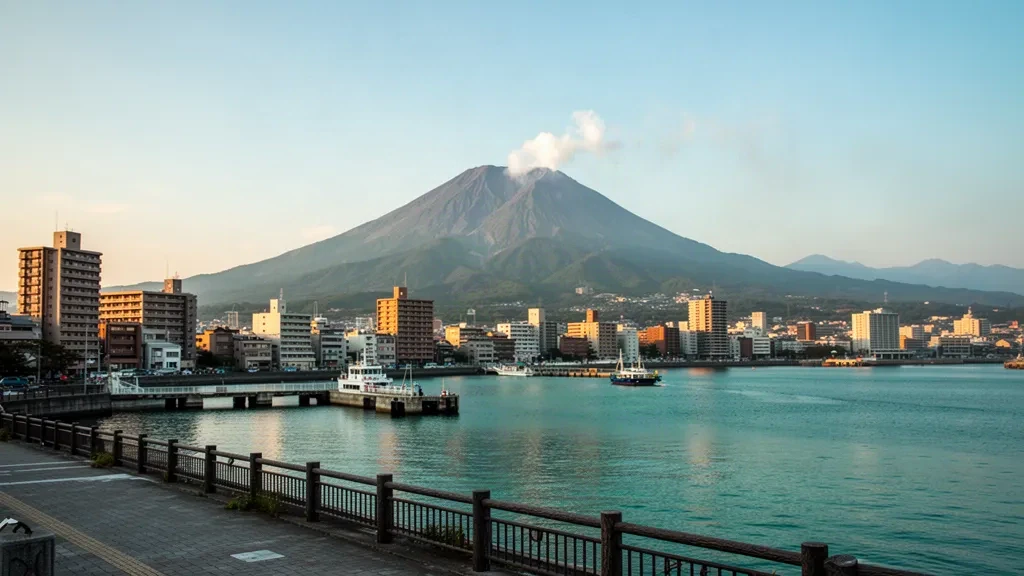 Horizonte urbano del frente marítimo de Kagoshima con el volcán Sakurajima elevándose al otro lado de la bahía de Kinko en el sur de Japón