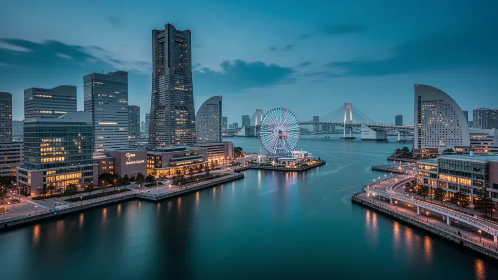 Front de mer de Yokohama Minato Mirai et skyline à l'heure bleue à Kanagawa, Japon, avec des tours illuminées et des reflets dans le port