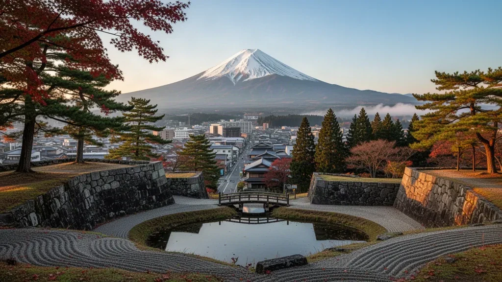Iwate, Japonya'daki Morioka Kalesi Alanı Parkı, taş duvarlar ve sonbahar ağaçları, Iwate Dağı'nın karla kaplı zirvesinin altında