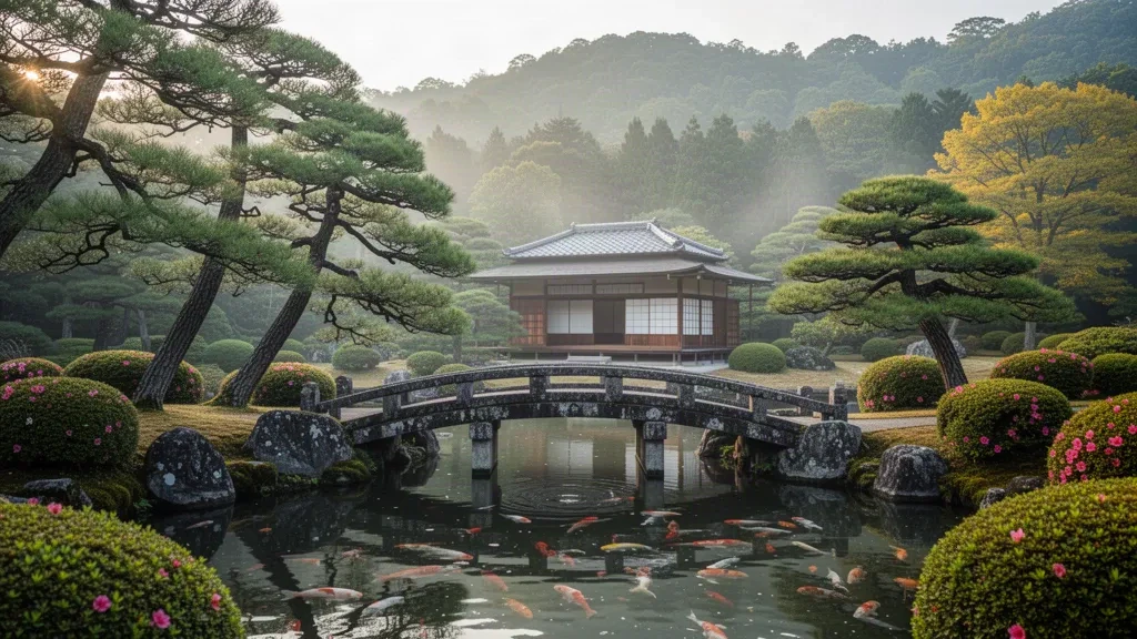 Pini potati e un ponte di pietra su uno stagno di carpe koi al Giardino Ritsurin di Takamatsu, Kagawa, Giappone
