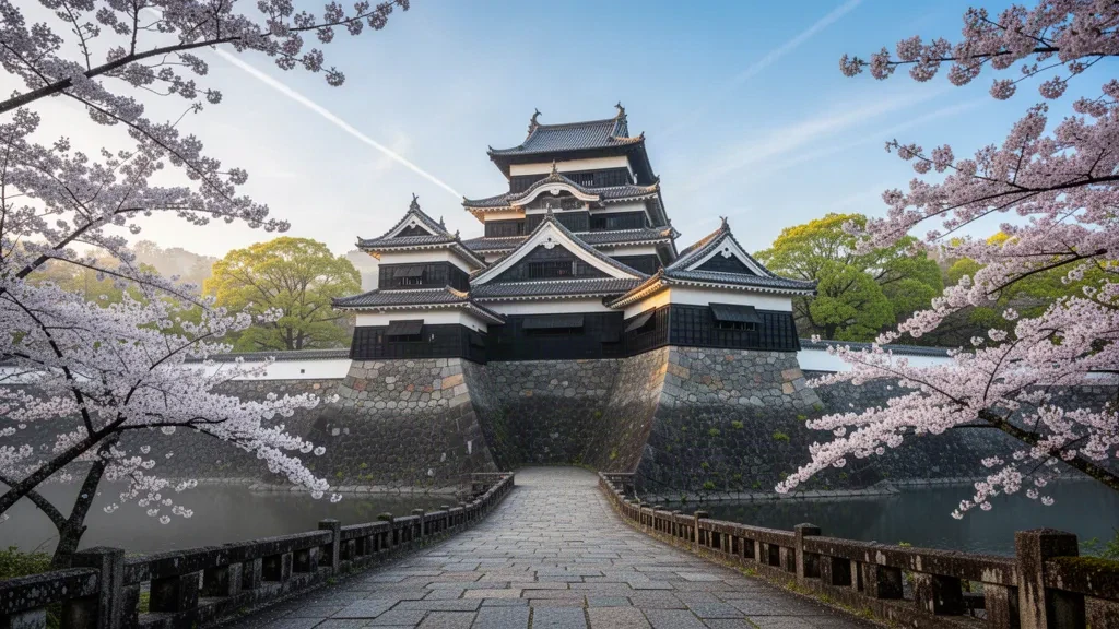 Kumamoto Castle's black-and-white keep and stone walls framed by cherry blossoms on a spring morning in Kumamoto, Japan