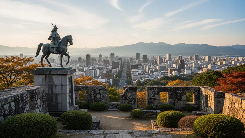 Ruinen der Burg Aoba und Statue von Date Masamune mit Blick auf die Skyline von Sendai in Miyagi, Japan, zur goldenen Stunde