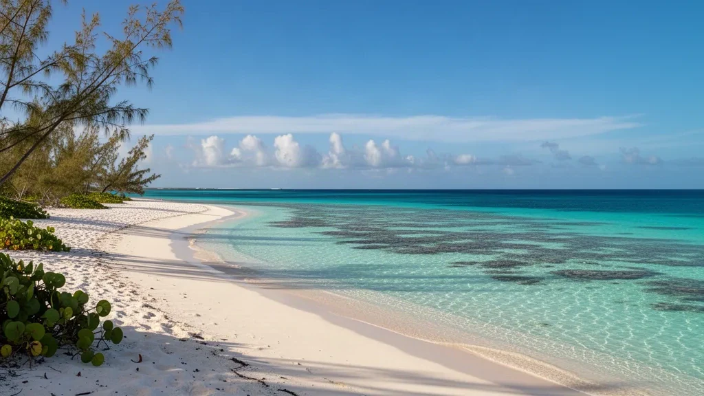 Turquoise water and white sand curve along Grace Bay Beach in Providenciales, Turks and Caicos Islands under bright Caribbean sun.