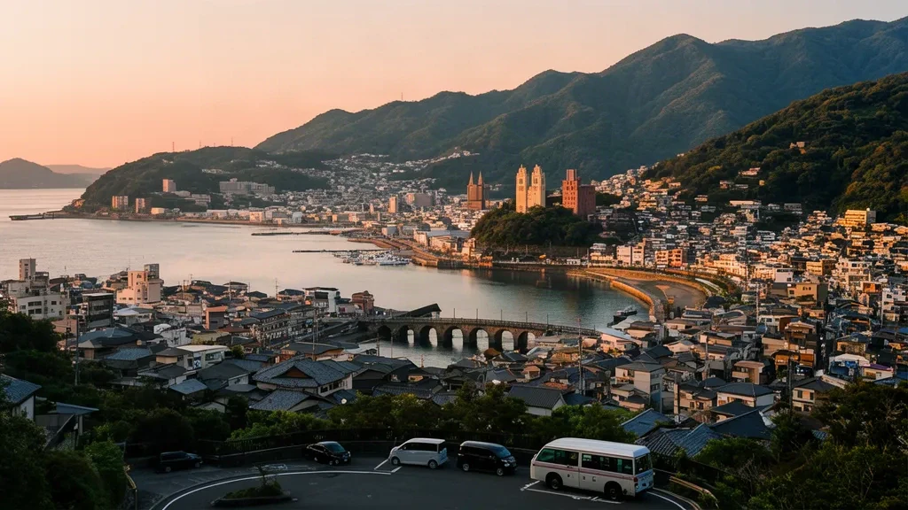 Nagasaki skyline and harbour at golden hour seen from Mount Inasa, with hillside streets, Oura Cathedral and the city waterfront