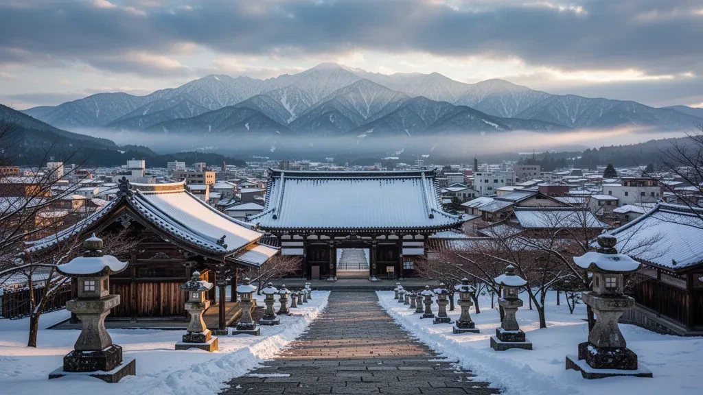 Porte du temple Zenko-ji et allée de pierre enneigée à Nagano, au Japon, avec des toits bas de la ville et les Alpes japonaises enneigées en arrière-plan