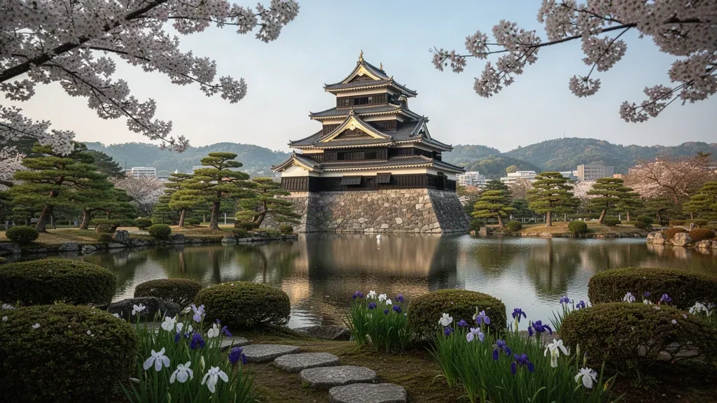 Okayama Castle's black keep rising above the pond and pine trees of Korakuen Garden in Okayama, Japan