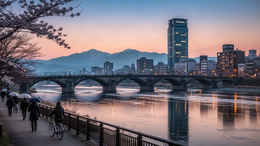 Bandai Bridge spanning the Shinano River with the Niigata city skyline and Toki Messe tower at blue hour