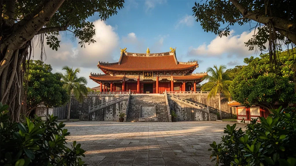 Zinnoberrote Shurijo-Palastanlage in Naha, Okinawa, umrahmt von subtropischem Grün in warmem Licht zur goldenen Stunde