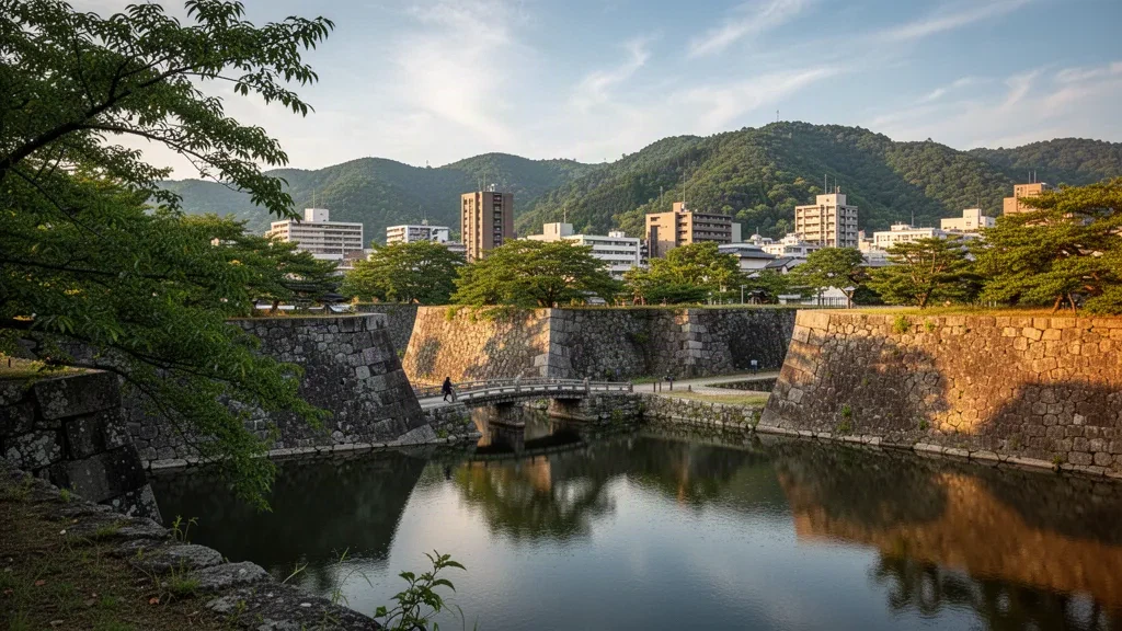 Ruinas del castillo de Funai y foso reflectante enmarcados por vegetación en el corazón de la ciudad de Ōita, Kyushu, Japón, bajo una cálida luz de final de la tarde