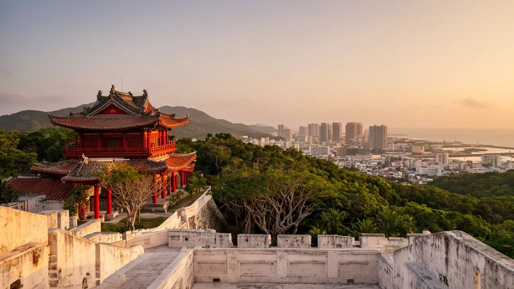 Panorama de Naha, Okinawa, avec les salles rouges ryukyuennes du château de Shuri surplombant la mer de Chine orientale à l'heure dorée