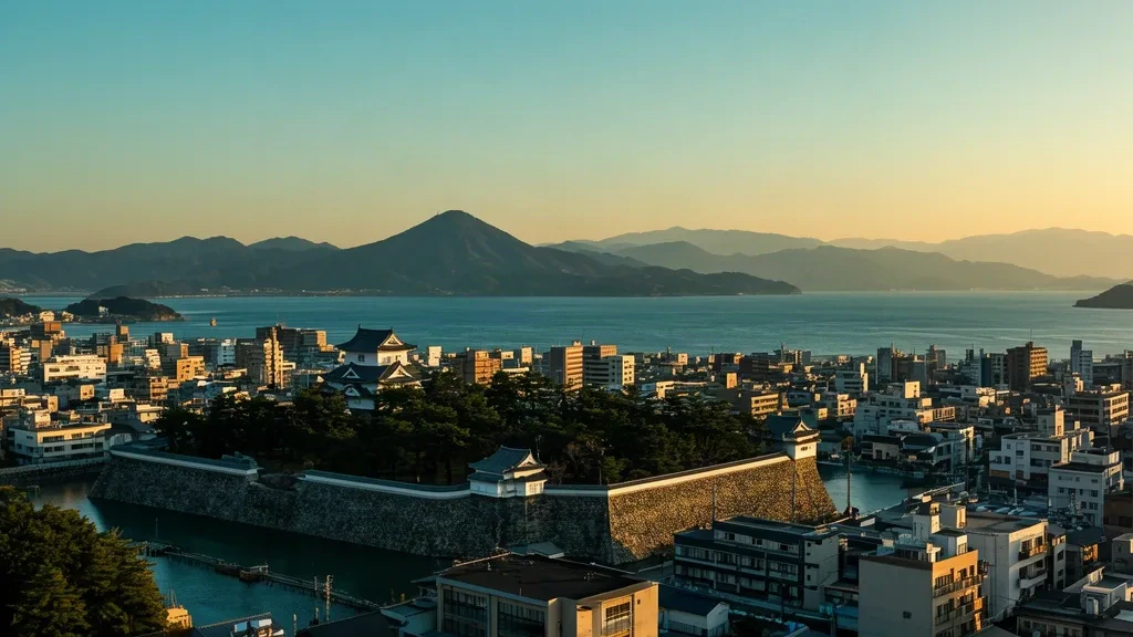 Veduta durante l'ora dorata su Ōita, in Giappone, con il castello di Funai, i tetti della città, la baia di Beppu e il monte Takasaki in lontananza