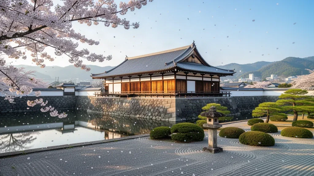 Japonya'nın Saga Şehri'nde Saga Kalesi Honmaru Goten sarayı ve taş duvarlı hendeği, yumuşak sabah ışığında bahar kiraz çiçekleriyle çevrili