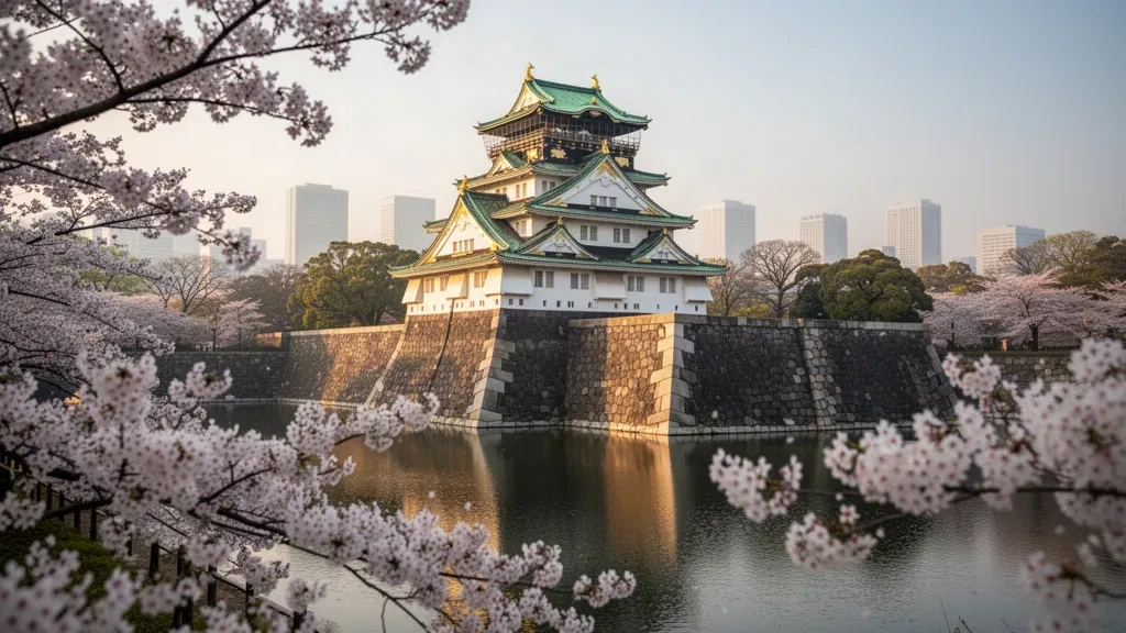 Il mastio del Castello di Osaka che si erge sopra le mura di pietra e il fossato, incorniciato dai fiori di ciliegio in primavera, una vista classica di Osaka, Giappone