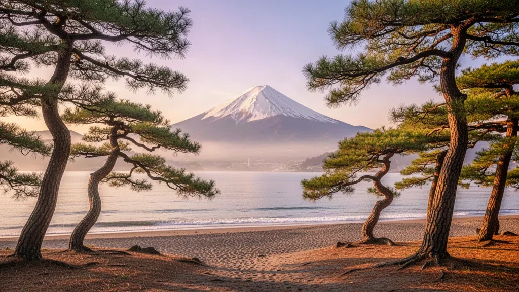 Pine grove of Miho no Matsubara with Mount Fuji across Suruga Bay in Shizuoka, Japan.