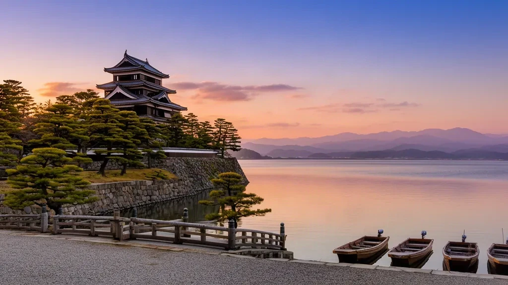 Matsue Castle in Shimane, Japan at golden hour above Lake Shinji, framed by pine trees with warm sunset light over the historic city