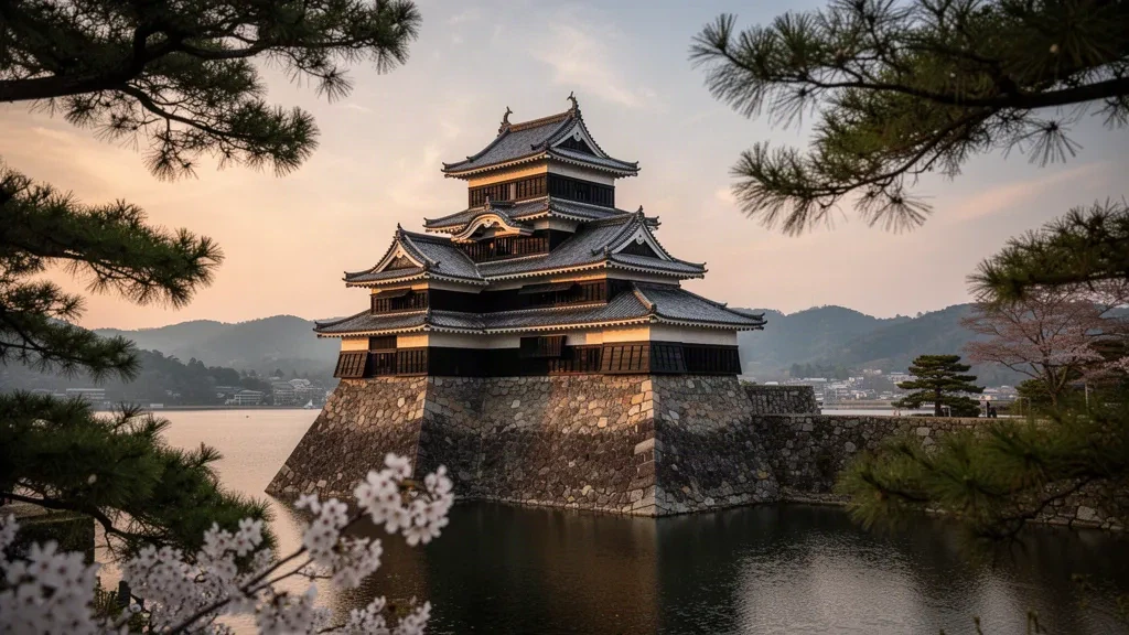 Matsue Castle in Shimane, Japan, its black wooden keep rising above stone walls and pines with Lake Shinji and hazy hills at sunset