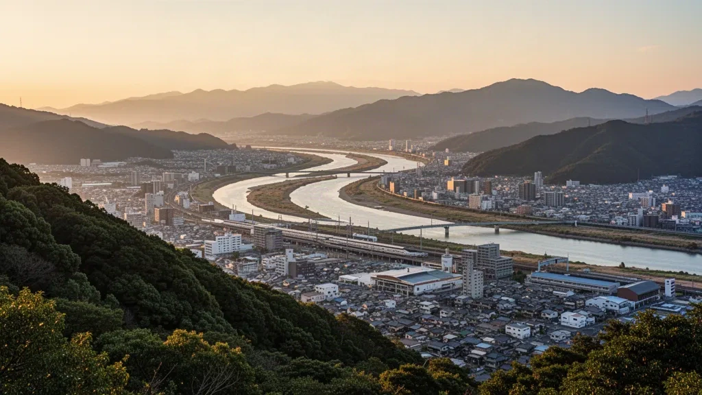 Tokushima city skyline and Yoshino River seen from Mount Bizan at golden hour in Shikoku, Japan