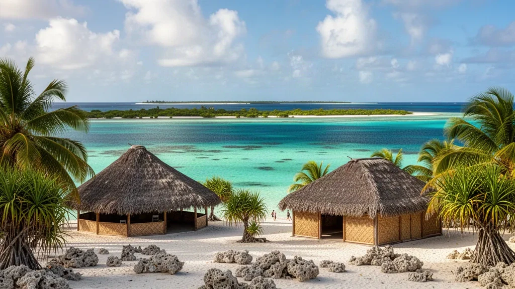 Türkisfarbene Lagune und palmengesäumte Koralleninsel des Funafuti-Atolls in Tuvalu unter einem strahlend blauen Südpazifik-Himmel
