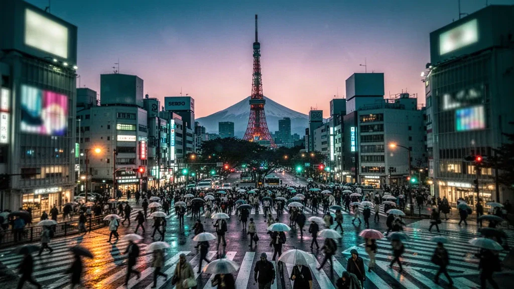 Horizonte de Tokio a la hora azul desde lo alto del cruce de Shibuya, luces de neón brillantes en calles mojadas con la Torre de Tokio y el monte Fuji al fondo
