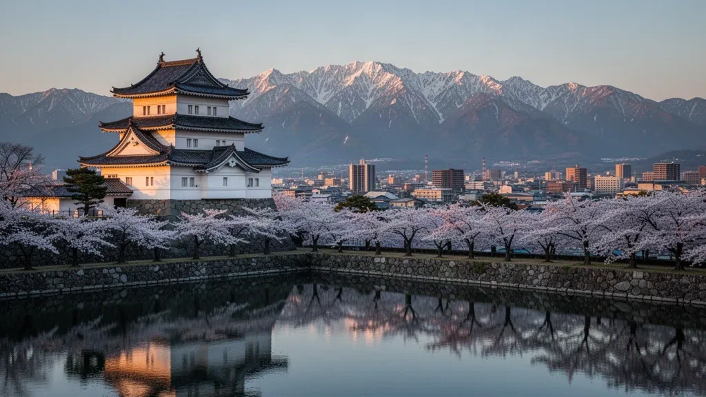 Der Bergfried der Burg Toyama, gespiegelt in seinem von Blüten gesäumten Burggraben, dahinter die schneebedeckten Tateyama-Berge, Japan