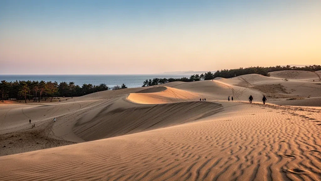 Blick zur goldenen Stunde auf die gewellten Tottori-Sanddünen in Japan, mit entfernten Spaziergängern und dem Japanischen Meer hinter den weitläufigen Sandrücken