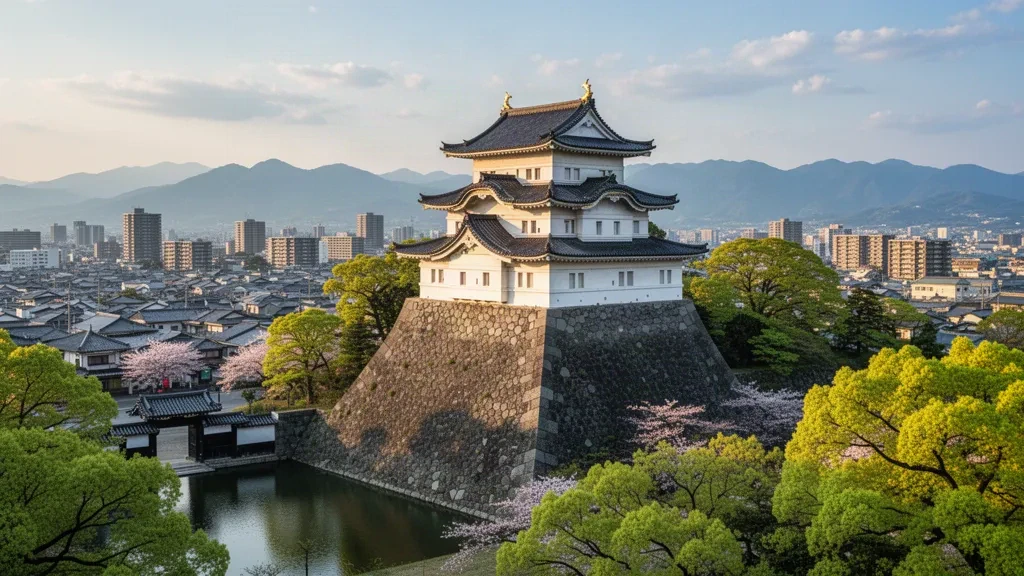 Der weiße Burgturm von Wakayama Castle über Steinmauern und Ahornbäumen, dahinter die Skyline der Stadt und die Kii-Berge in Wakayama, Japan