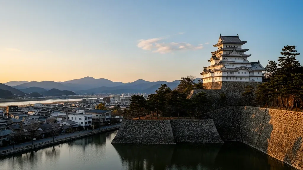 La torre del homenaje blanca del castillo de Wakayama sobre murallas de piedra y un foso reflectante a la hora dorada, con tejados de la ciudad y montañas lejanas