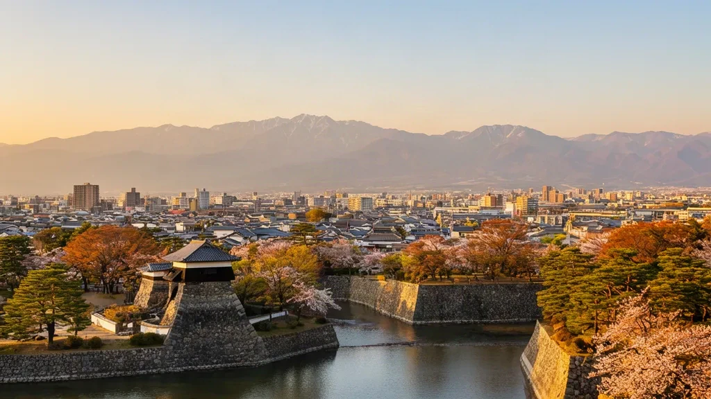 Skyline der Stadt Yamagata zur goldenen Stunde mit dem Burggraben des Kajo-Parks im Vordergrund und dem Mount Zao in der Ferne, Japan